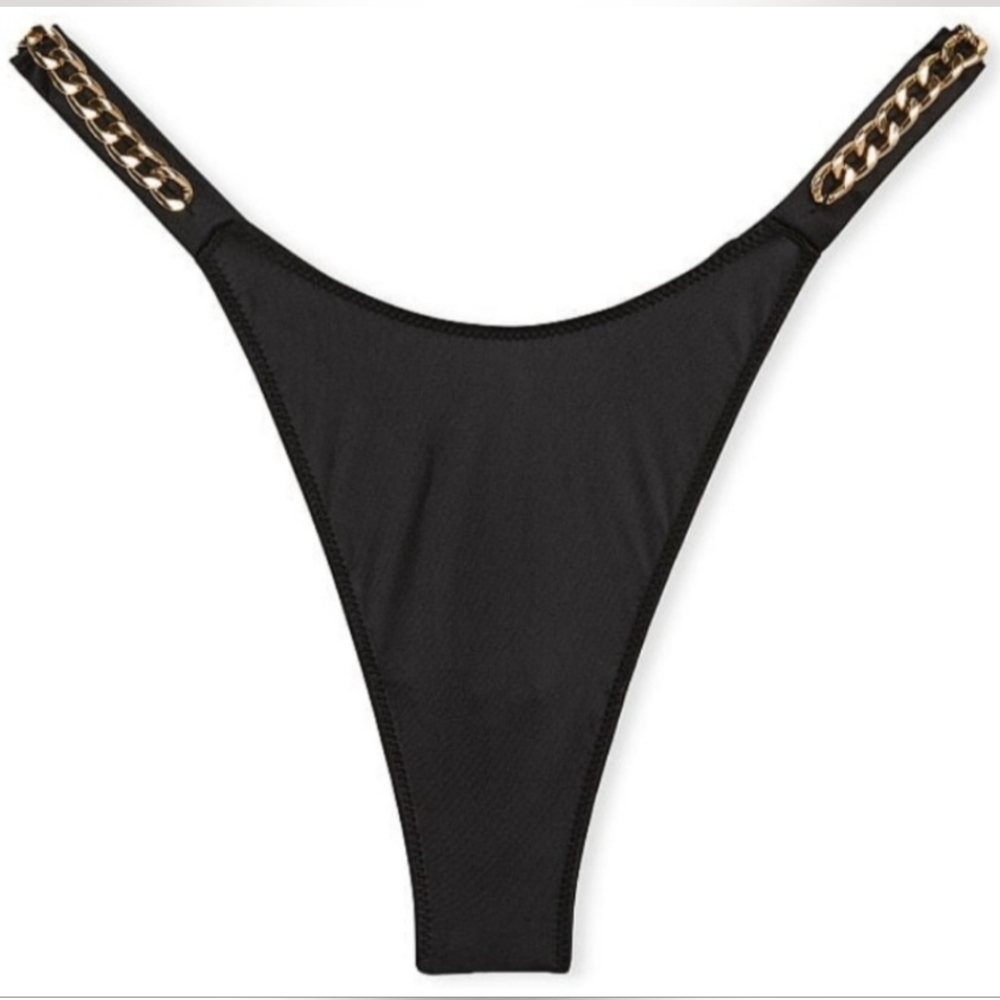 S M L XL Victoria's Secret Gold Chain Strap Thong  Satin Panty Black Gold